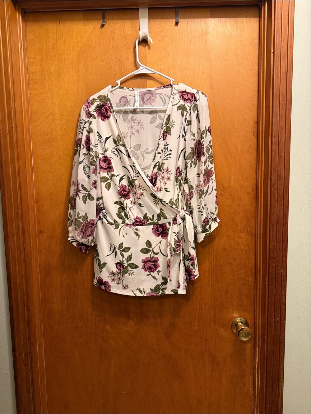 Perseption Cream Wrap Top with Pink Rose Print